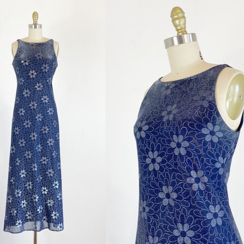 1990s Floral Dress - Metallic Floral Dress - Silver Maxi - Size Medium